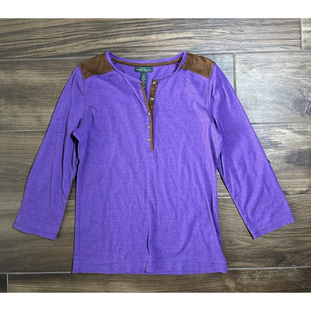 Lauren Ralph Lauren Purple Henley Top Faux Leather Shoulder Patch Womens Medium